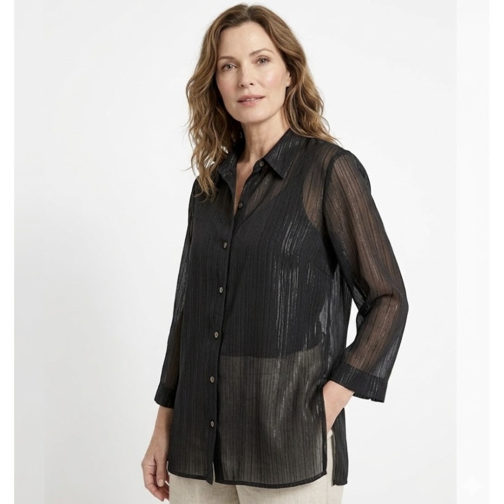 Chico's Black Metallic Soft Flowy Sheer Side Slit Button Down size Large/2